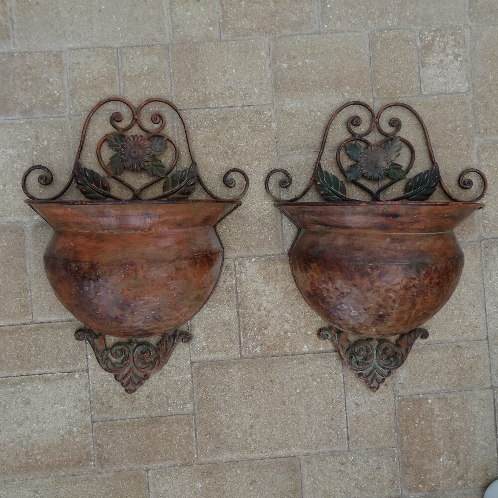 Vintage Old Large Metal Flower Wire Scroll Wall Pocket Planters Garden SET OF 2